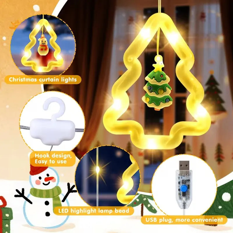 Christmas LED Curtain Lights with Santa Snowman Reindeer Tree Star,8 Modes USB Powered with Remote Control,Warm White Home Decor