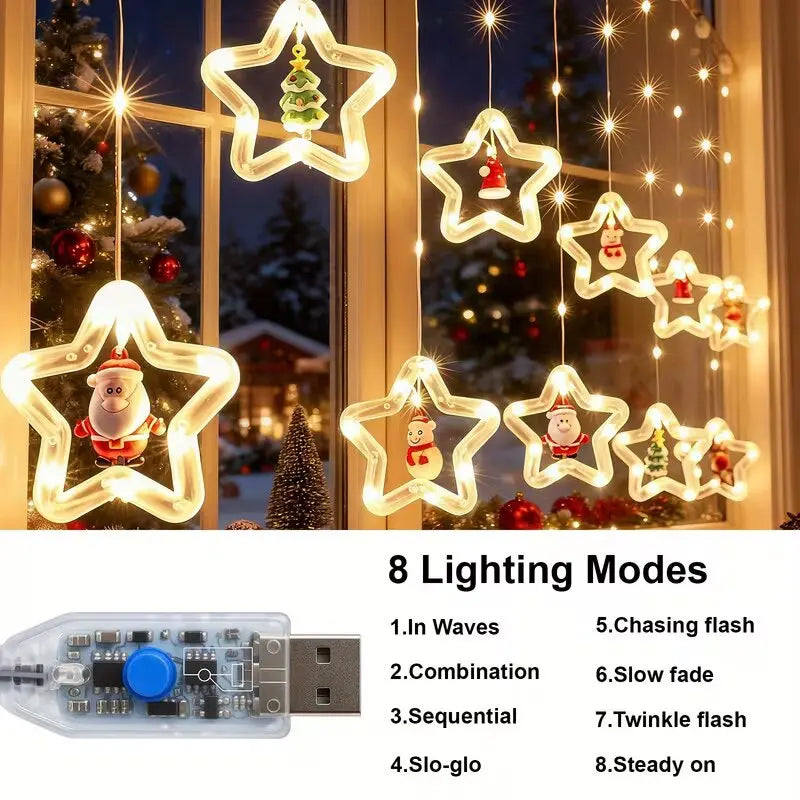 Christmas LED Curtain Lights with Santa Snowman Reindeer Tree Star,8 Modes USB Powered with Remote Control,Warm White Home Decor
