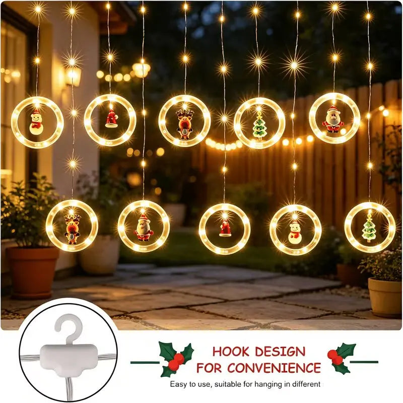 Christmas LED Curtain Lights with Santa Snowman Reindeer Tree Star,8 Modes USB Powered with Remote Control,Warm White Home Decor