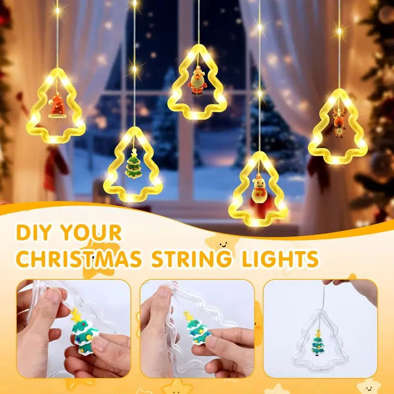 Christmas LED Curtain Lights with Santa Snowman Reindeer Tree Star,8 Modes USB Powered with Remote Control,Warm White Home Decor