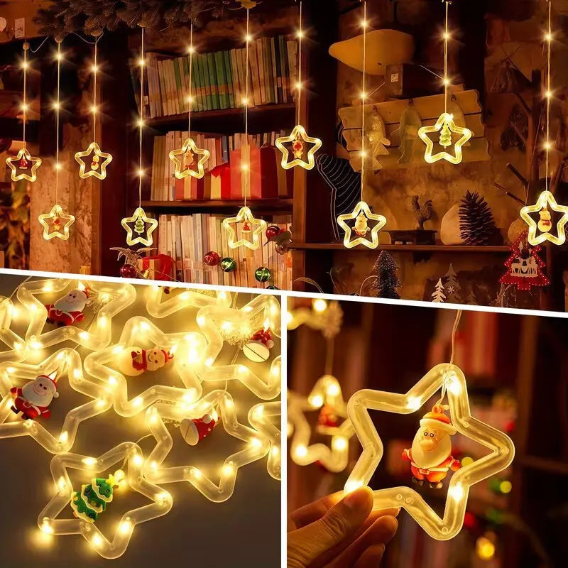 Christmas LED Curtain Lights with Santa Snowman Reindeer Tree Star,8 Modes USB Powered with Remote Control,Warm White Home Decor