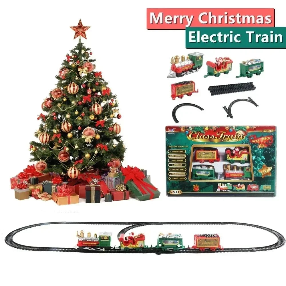 Christmas Train Electric Toys Christmas Tree Decoration Train Track Frame Railway Car with Sound&Light Rail Car Christmas Gifts